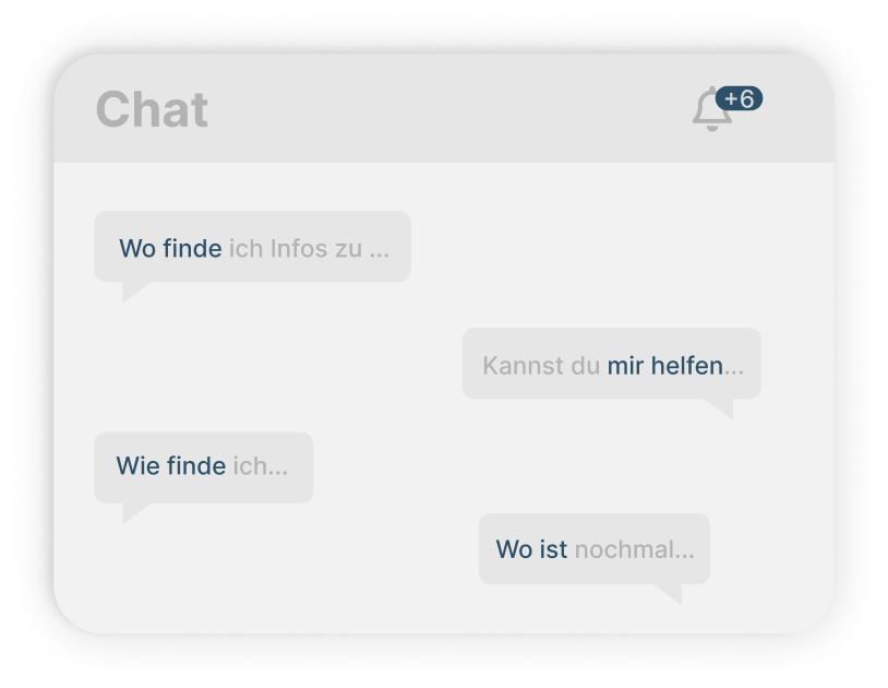 Stilisierte Benutzeroberfläche eines Chats mit verschiedenen Fragen, wo etwas zu finden sei