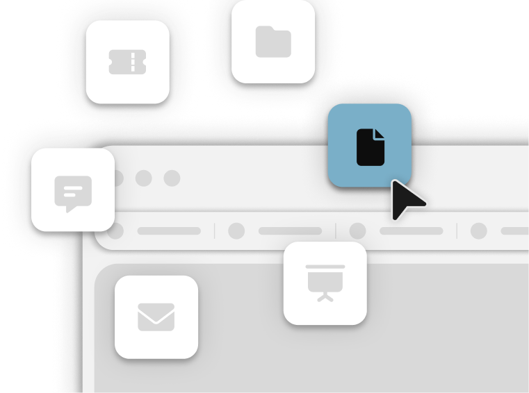 Stilisierte Benutzeroberfläche die mehrere Icons für verschiedene Systeme zeigt, darunter ein Ticket, ein Dokument, ein Ordner, E-Mails, Präsentationen und Chats